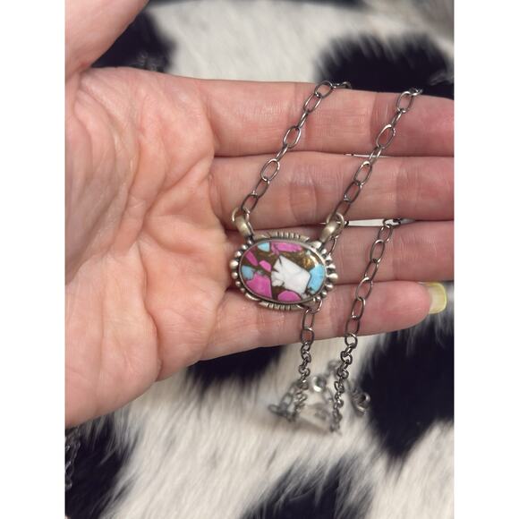 Native American SW Sterling Silver Cotton Candy Turquoise Oval Bar Necklace - Picture 1 of 7
